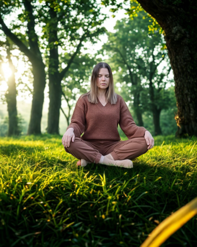 Mujer meditando en la naturaleza con cacao ceremonial, sentada sobre césped y conectando con la calma a través de la respiración consciente.