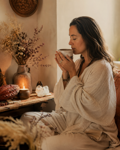 Mujer sentada en un rincón cálido de su casa, junto a un pequeño altar con vela, flores secas y elementos decorativos, con los ojos cerrados mientras sostiene una taza de cacao en un momento de calma, presencia y conexión interior.