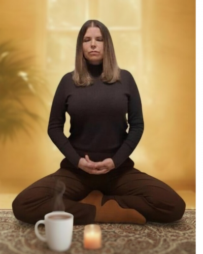 Mujer meditando con ojos cerrados en espacio luminoso, práctica de regulación del sistema nervioso en programa de 21 días con cacao.
